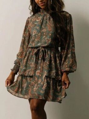 Baltic Born Dress Womens Small Green Paisley Chelsea Tiered Boho Long Sleeve NWT